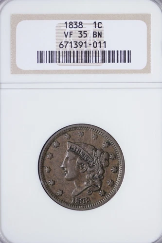 1838 Coronet Head Large Cent NGC VF35 Great Eye Appeal! ICNM