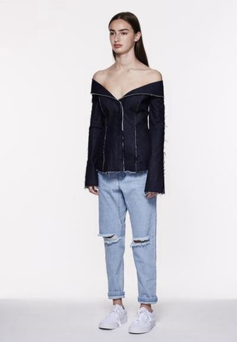 Georgia Alice Denim Jacket Size 10 Blue Off Shoulder Zip Up Raw Seams Collared - Picture 4 of 15