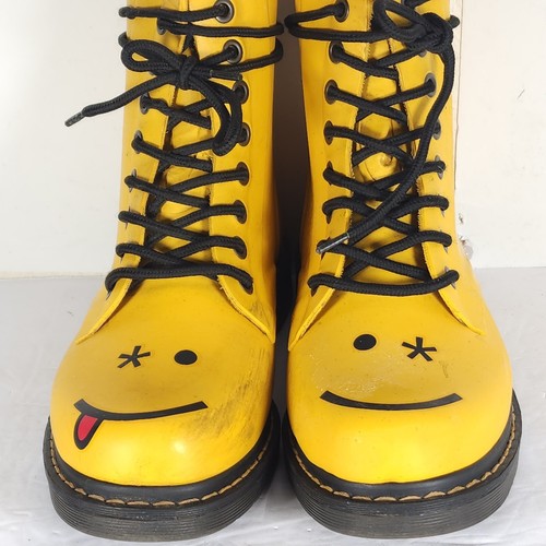 Dr.Martens Drench 8" L9 /M8 Yellow Hincky Smiley Face Rubber Lace Up Rain Boots - Picture 6 of 20