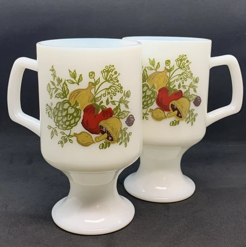 Vintage Set Of 2 SPICE OF LIFE White Corningware Coffee Footed Pedestal Mug Cup