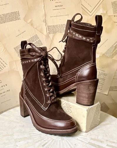 Free People Lana Bota con Cordones Cuero Chocolate Gamuza Tacón Bloque Muestra 39/9 NUEVA - Imagen 3 de 6