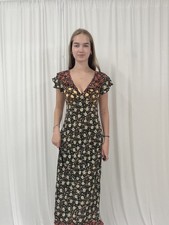 Rixo Bethea XXS UK 4 Maxi Dress Black Multicolour Print Short Sleeve Vneck