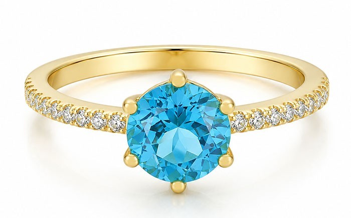 LAB CREATED 2.25 Ct BLUE TOPAZ & W/SAPPHIRES RING 14K YELLOW GOLD PLATED (.925)