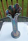 Vin. Fenton Iridescent Carnival Glass Vase Ruffled Rim Feathered Pattern