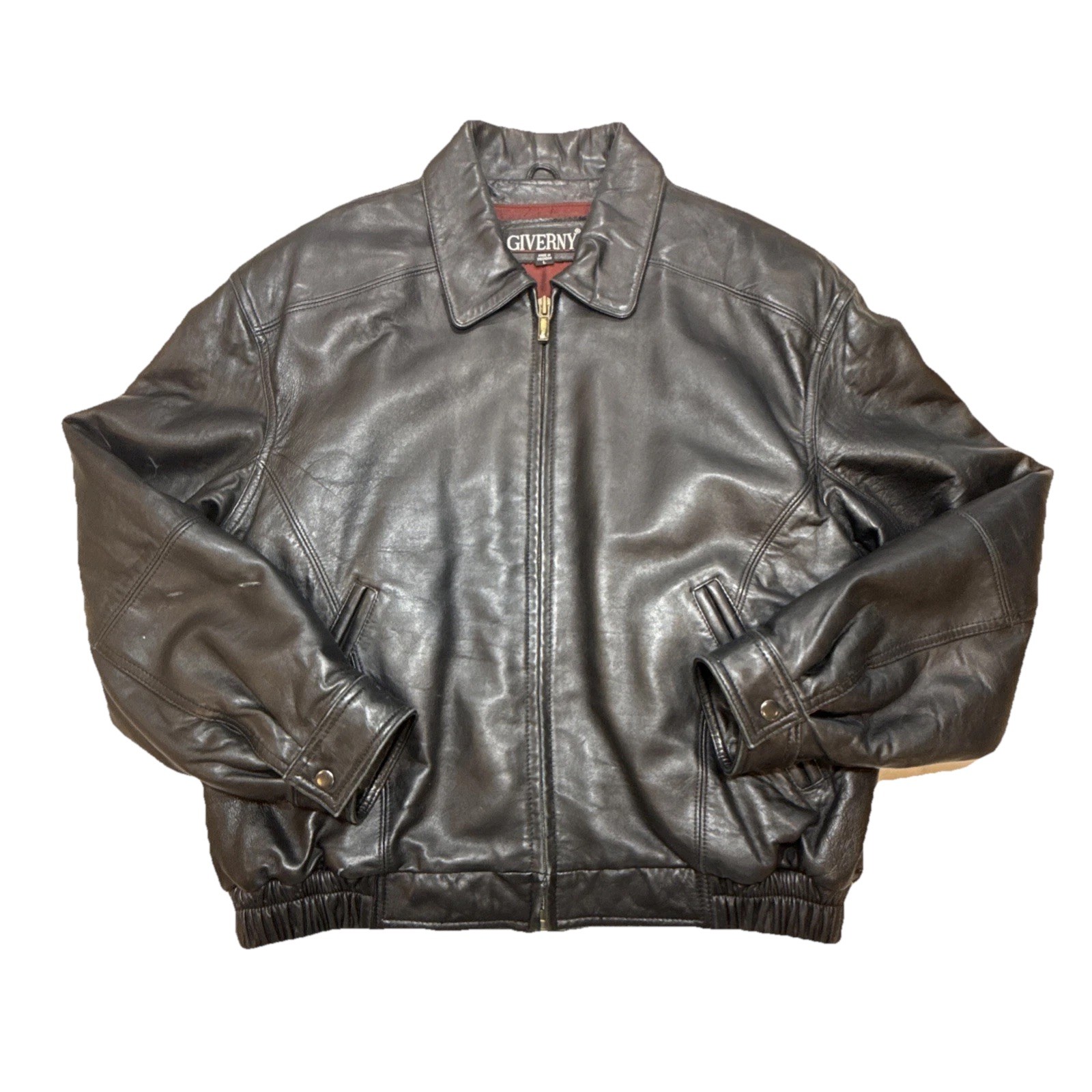 Giverny Men’s Large Black Leather Bomber Jacket Zip Front
