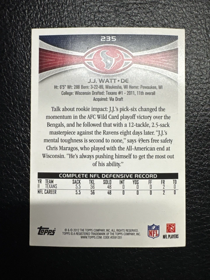 2012 Topps JJ Watt #235 Texans - Image 4 of 4