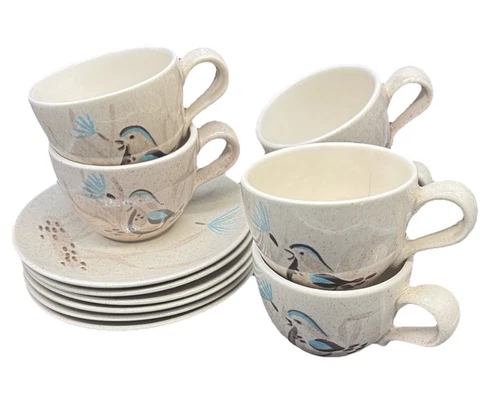 Bob White By Red Wing 6 Cups & Saucers Stoneware, Birds/Quail