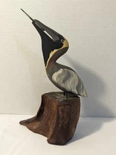 Vtg Folk Art Hand Carved & Painted Wood Sculpture, Pelican With A Fish In Mouth.
