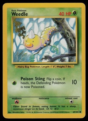 Weedle 69/102 Common Base Set Unlimited Pokemon Lightly Played