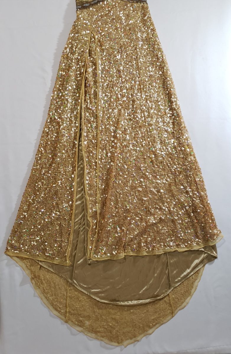 Vivace by Cassandra Stone Gold Sequin Long Dress size M Front Slit  Sleeveless * | eBay