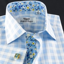 Blue Check Formal Business Dress Shirt Wih Cool Floral Inner Lining French Cuffs