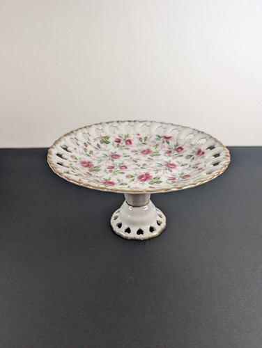 Vintage Lefton Pink Roses Floral Chintz Footed Plate Pedestal Serving Dish - Picture 5 of 11