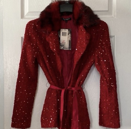 VTG 90’s Betsey Johnson Red Sequin faux fur collar Sweater Coat Jacket - Picture 3 of 16