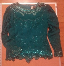 Vintage Oleg Cassini Sequin Top Beaded On Silk Formal Green size 8 Shirt 