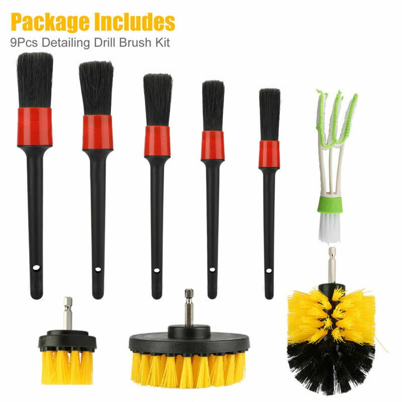 9-Piece Car Wheel & Tire Rim Scrub Brush Cleaning Kit – Drill Attachment Power Wash Set – Universal Fit
