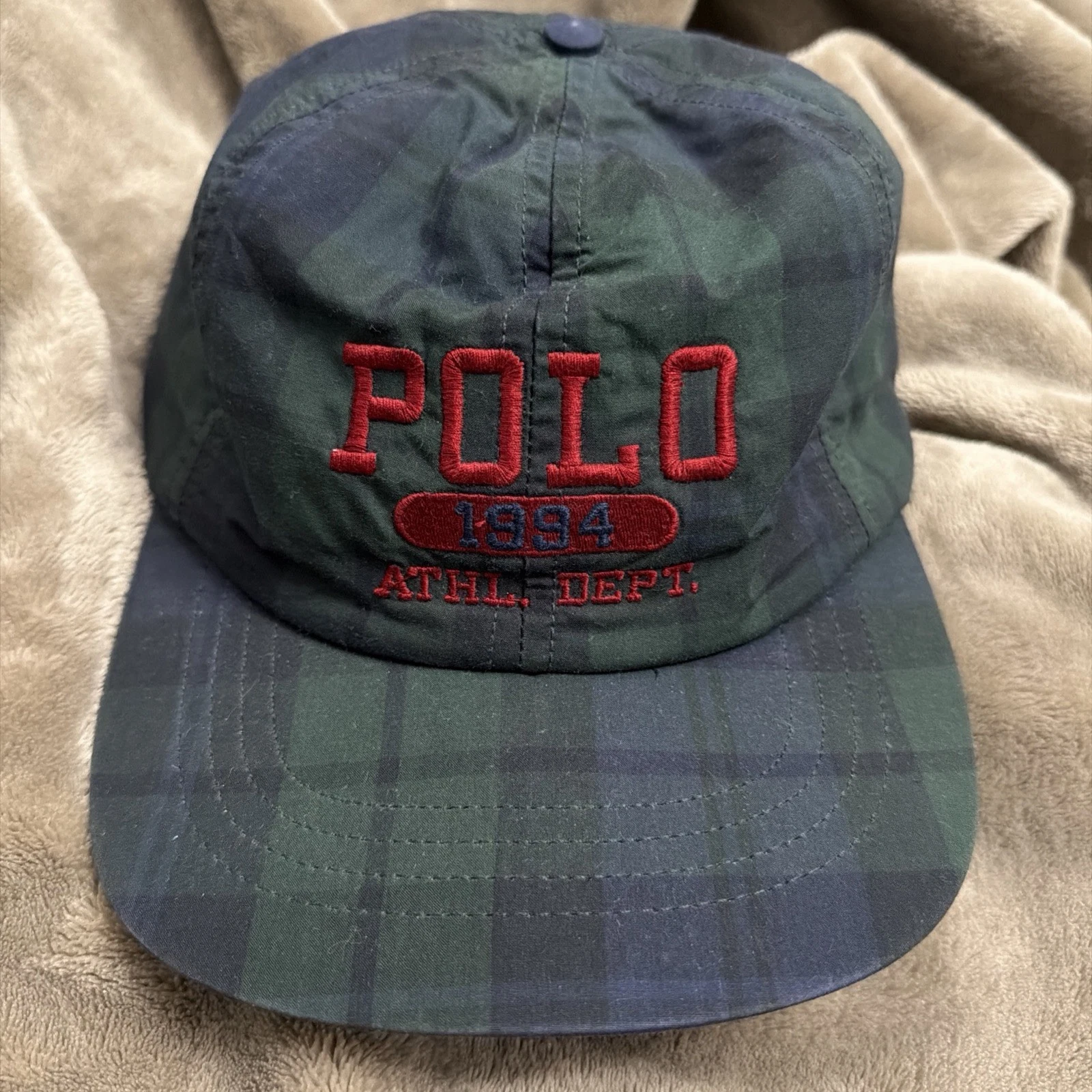 Vtg Polo Ralph Lauren 1994 Athletic Dept Tartan Plaid Hat Cap Fleece Hi Tech RRL