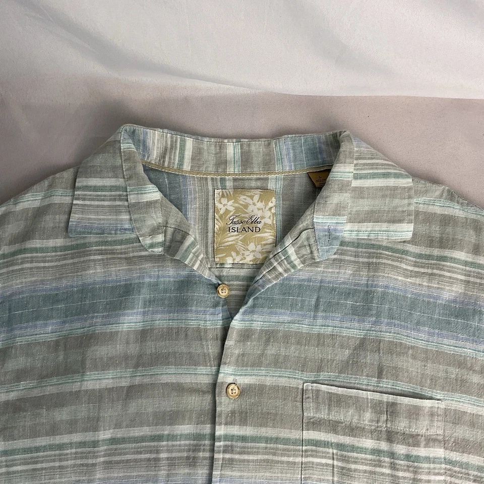 Tasso Elba Mens Linen Striped Button Up Shirt, Blue & Beige Large Summer - Image 4 of 4