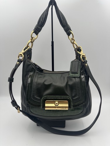 Coach 18287 Green Kristin Spectator Suede Croc Hobo Leather Shoulder Hand Bag EC
