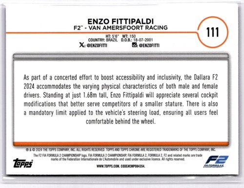2024 Topps Chrome Formula 1 #111 Enzo Fittipaldi Fuchsia Lava Refractors #/225 - Picture 2 of 2