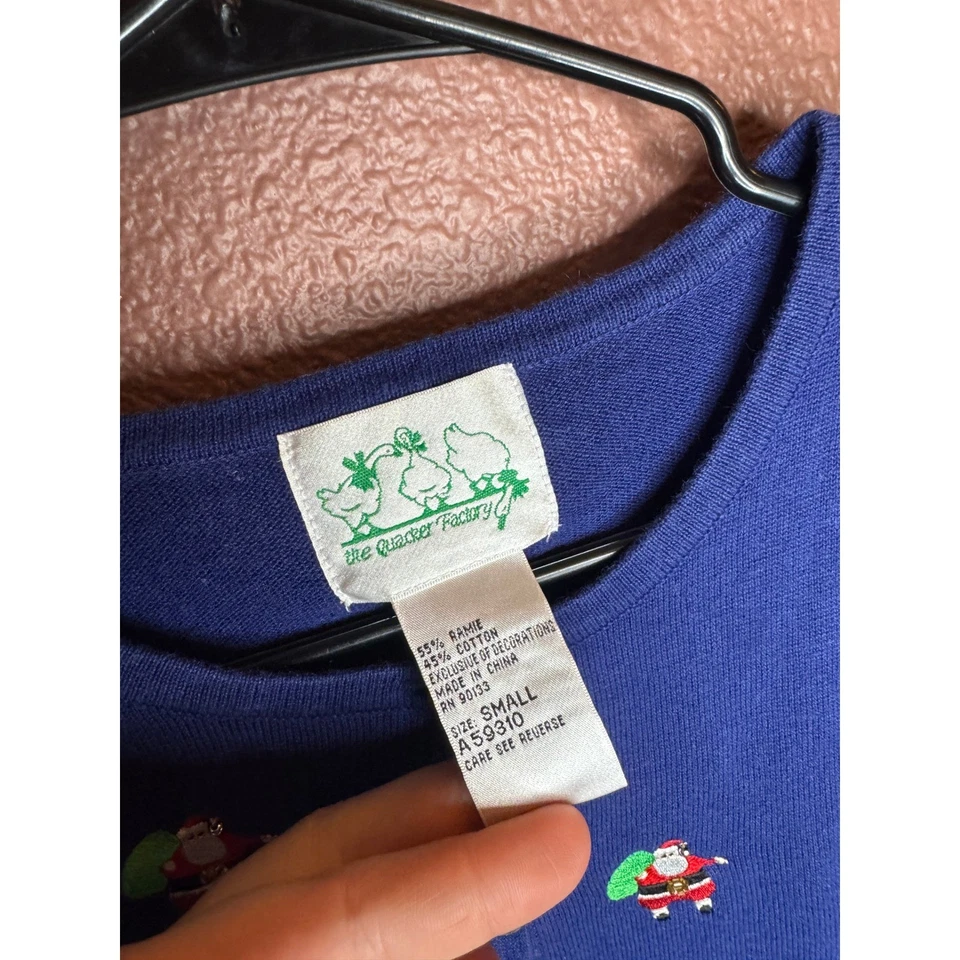 Vintage The Quacker Factory Womens S Blue Santa Claus Christmas Cardigan Sweater - Image 4 of 4