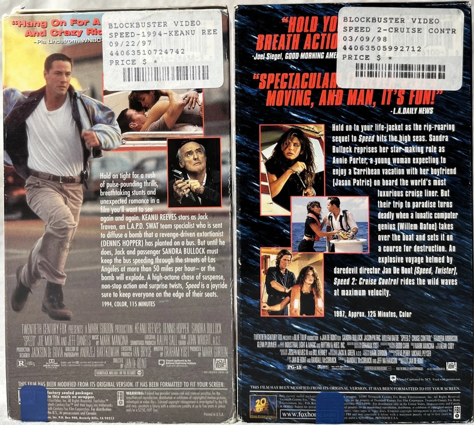 2 VHS Lot - SPEED 1 & 2 (1994 & 1997) Keanu Reeves, Sandra Bullock FREE SHIPPING - Image 2 of 4