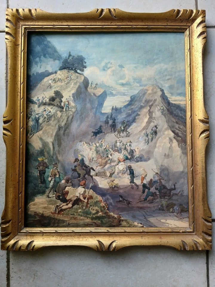 tableau ancien aquarelle ancienne bataille espagne napoléon III (XX) - Photo 3/4