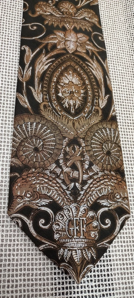 Gianfranco Ferre Tie Vintage Luxury GFF ITALY Logo Brown Bronze Baroque Design - Image 2 of 4