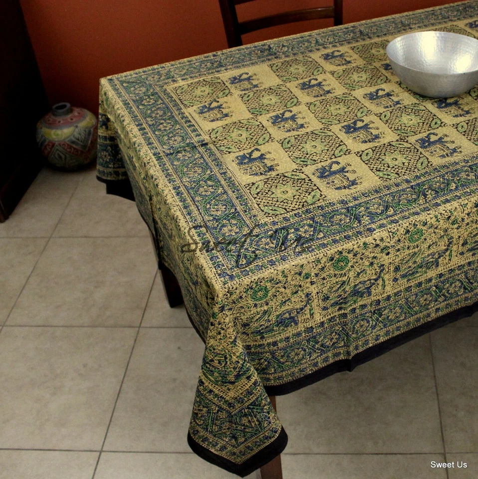 Cotton Block Print Tablecloth Elephant Green Blue Batik Kitchen Dining Linen - Image 3 of 4