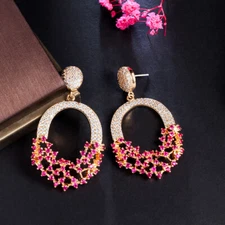 Long Dangle Drop Earrings Hot Pink CZ 925 Silver Bridal 18K Gold Plated Jewelry 