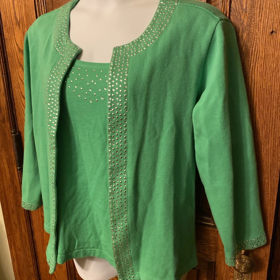Vintage QUACKER FACTORY Emerald Green Beaded "Mock 2-pc Look" SWEATER, Size 3X - Image 3 of 4