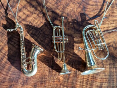 Miniature Musical Vintage Ornaments  Set Of 3 Horn Sax Tru Instruments Gold Tone