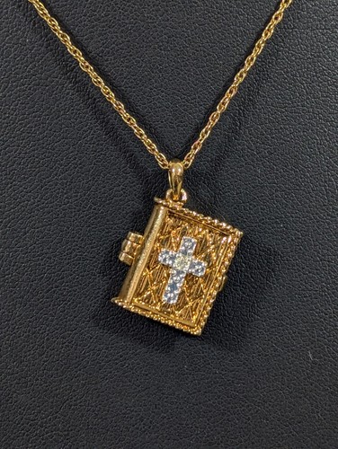 All Things Are Possible Locket Necklace Gold Tone Crystal Cross 19 in