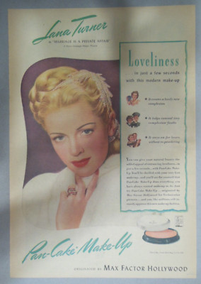 Max Factor Make-Up Ad: Movie Star Lana Turner from 1940's Size: 11 x 15 in