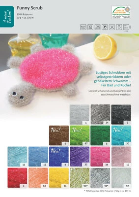 (49,60€/kg) 50 gr FUNNY SCRUB Schwammwolle Rellana witziges Spülschwamm-Garn
