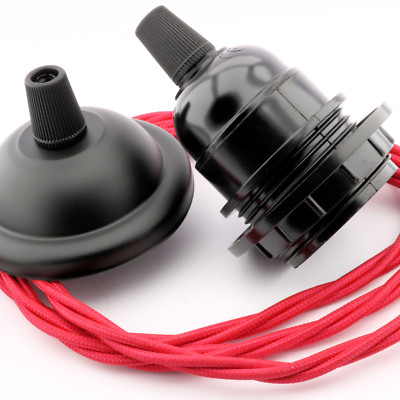 Schwarz E27 DIY Decken Pendelleuchte Kit, 67 mm Rose Durchmesser, geflochten Flex in hellrot