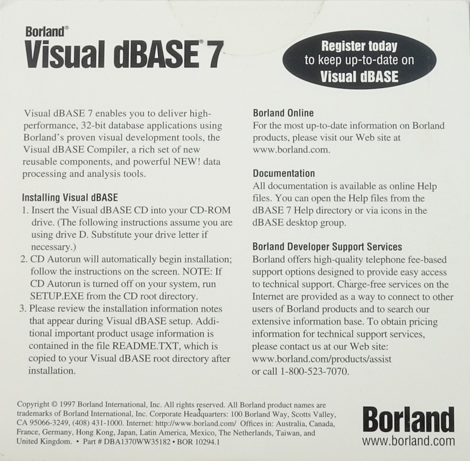 Borland Visual dBase 7 Compiler 32-BIT BOR10294 DBA1370WW35182 NEW | eBay