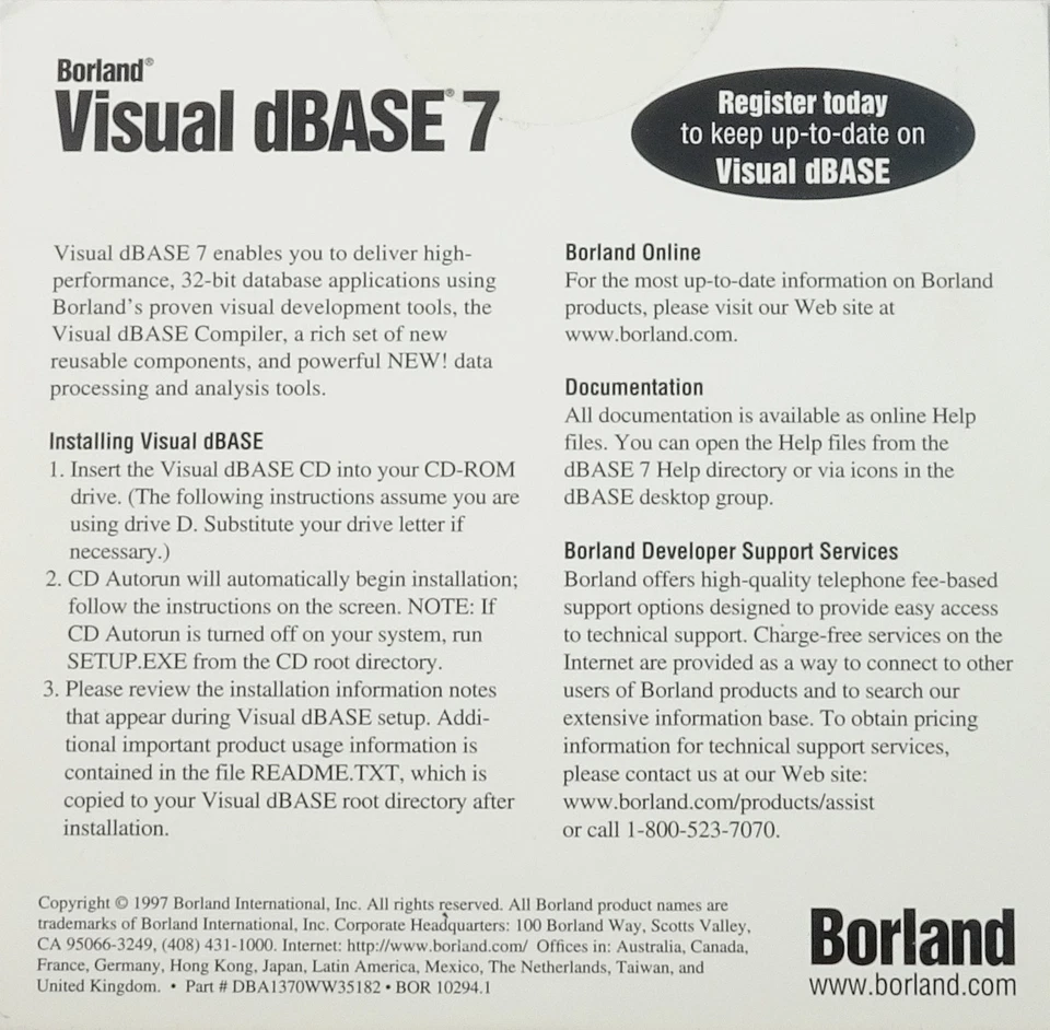 Borland Visual dBase 7 Compiler 32-BIT BOR10294  DBA1370WW35182  NEW  - Изображение 2 из 2