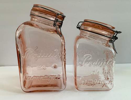 Set/2 Vintage Pink Glass FARM'S PRODUCTS Slant Top Canisters Mason Jars Italy - Picture 2 of 9