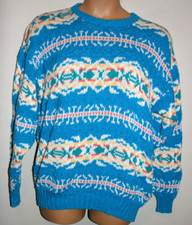 VTG Mens Lands End Cotton Fair Isle Heavy Knit Sweater Blue USA Made Large L