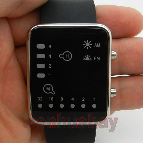 Red/Blue LED Binary Black/White Leather/Silicone Band Watch 889 Boy Girl Men - Picture 6 of 34