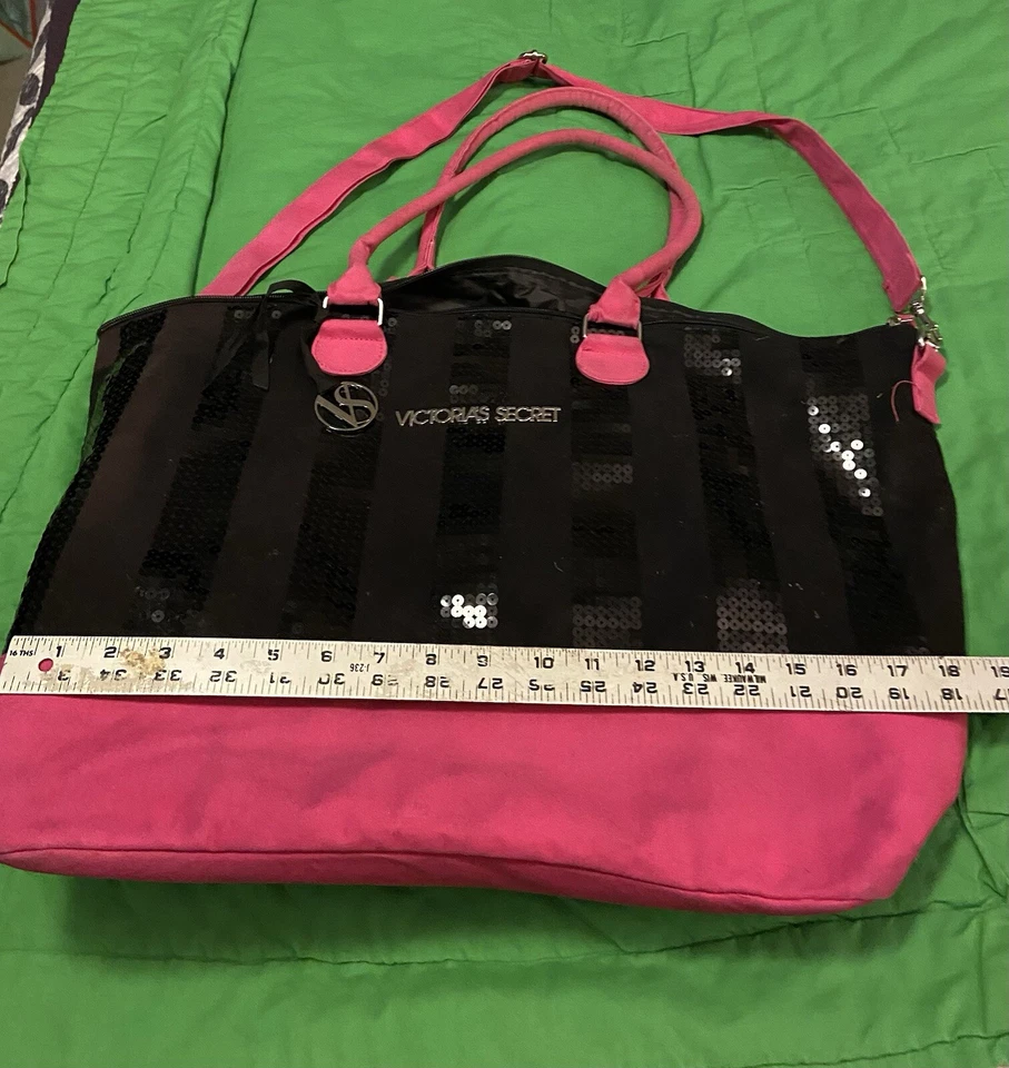 Victoria's Secret Bolso de Hombro Bolso de Mano Lentejuelas Logo Cartera Grande Fin de Semana Negro Rosa Foto 2 de 3