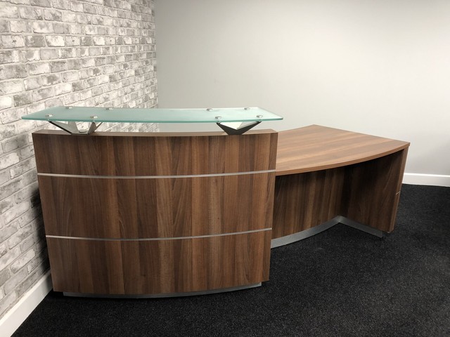 Reception Desk In Walnut Curved Glass Unit With Led Lights