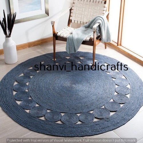 Round Blue Color Jute Rug Hand Braided Rug Bohemian Jute Rug 7 Feet Area Rag Rug - Picture 2 of 4