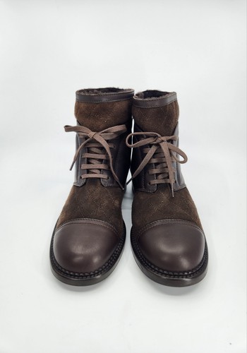 Chanel CC Interlocking Brown Cap Toe Quilted Suede Leather Snow Boots Fur 37 US7 - 第 8/16 張圖片