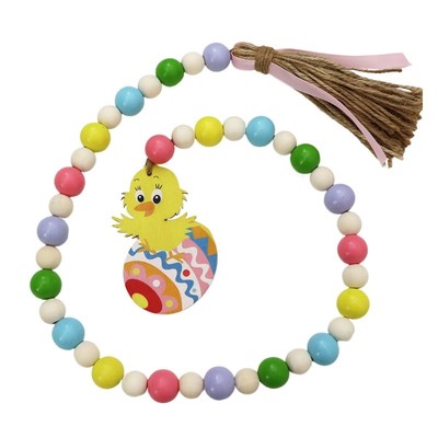 Spring Wooden Beads Garland with Tassels Easter Chick Egg Tag Farmhouse Rustic