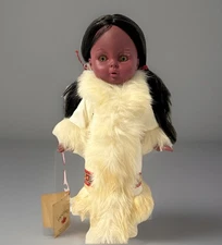  Vintage Handmade Canadian Native American Doll Green Eyes Leather Dress- Boma  