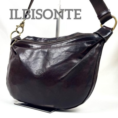 Il Bisonte Crescent Moon Logo Crossbody Shoulder Bag Leather Brown Men Auth