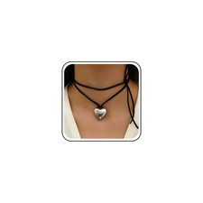 Boho Layered Heart Choker Necklace Black Velvet Collar Necklace Silver Love Hear