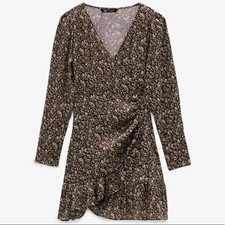 ZARA DRAPED RUFFLED HEM DRESS BROWN LARGE NWT