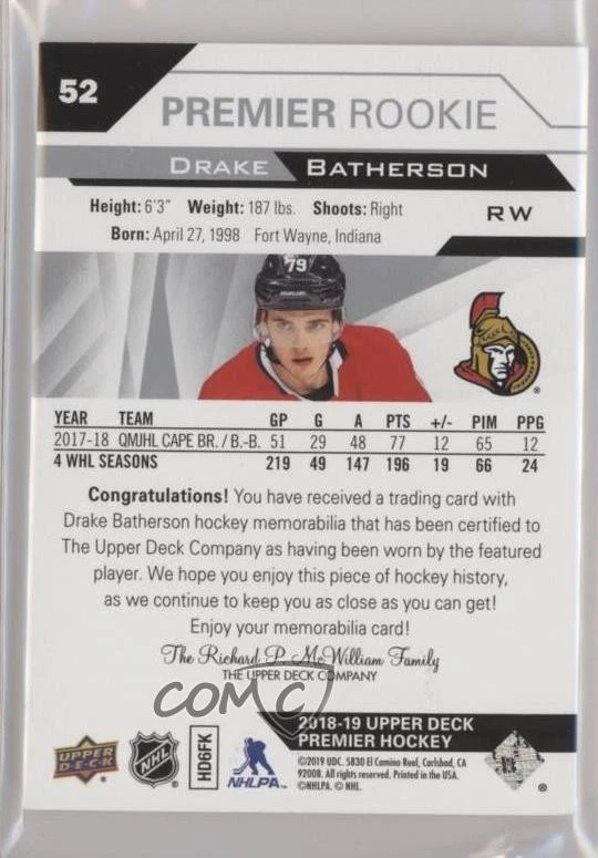 2018-19 Upper Deck Premier Premium Materials /49 Drake Batherson #52 Rookie RC - Image 2 of 2